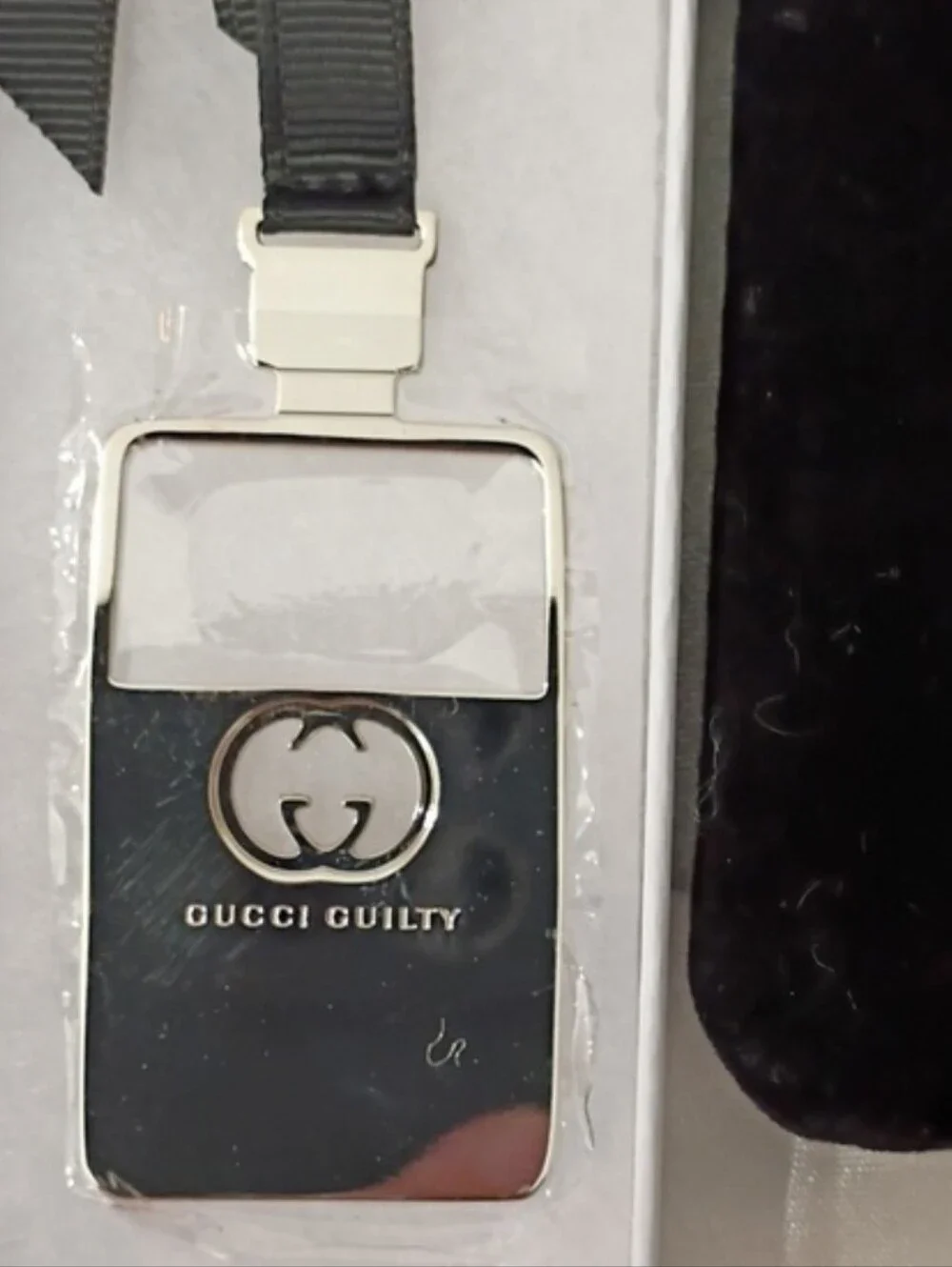 New Gucci Charm Silver Book Mark On Black Ribbon